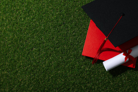 Graduation hats, with a stethoscope on the grass.