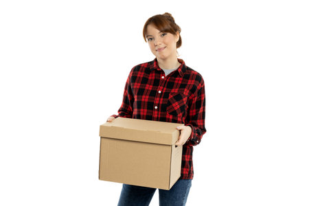 PNG, girl with boxes, moving concept, isolated on white background.