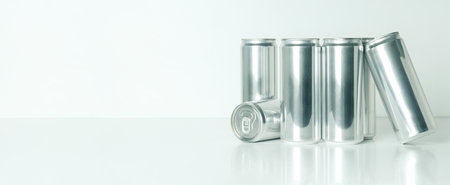 Tin cans for drinks on a white backgroundの写真素材