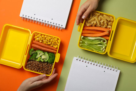 Yellow lunch box with healthy food and notebooksの写真素材
