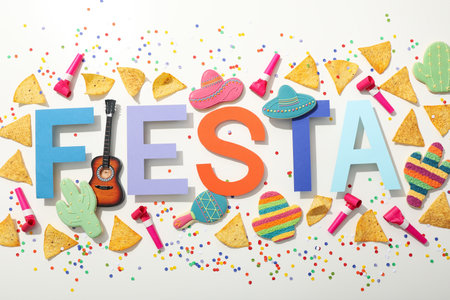 The inscription Fiesta with decorations on a white backgroundの写真素材