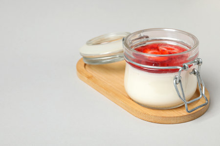 Dessert panna cotta, on the table, on a gray background.の写真素材