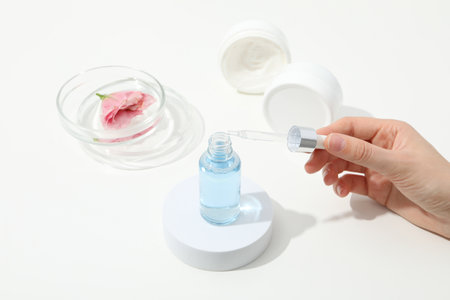 Cosmetics with chemical flasks and a flower