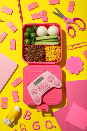 Pink lunch box with food and a pink gamepadの写真素材