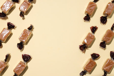 Salted caramel candies on a light backgroundの写真素材