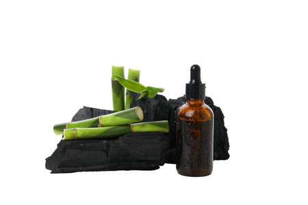 PNG,Fresh bamboo shoots with charcoal and bottle, isolated on white backgroundの写真素材