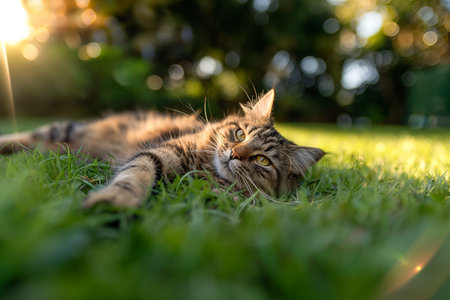 Cat lying on grass, summer, created with Generative AI technology