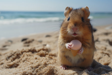 Hamster with ice cream on beach, summer, created with Generative AI technologyの写真素材
