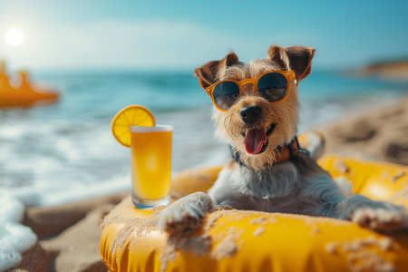 Dog in sunglasses chilling on sea, summer, created with Generative AI technologyの写真素材
