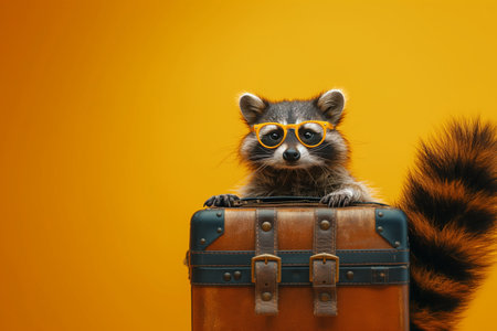 Racoon with suitcase, summer, created with Generative AI technologyの写真素材