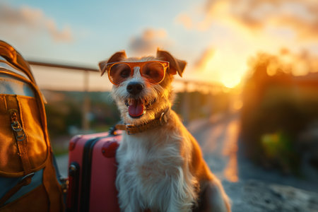 Dog in sunglasses near suitcase, travel, created with Generative AI technologyの写真素材