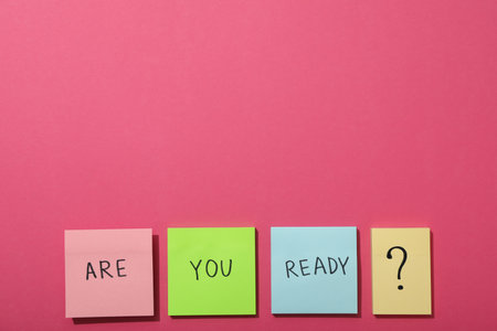 Inscription: "Are you ready?", on the table, top view.の写真素材