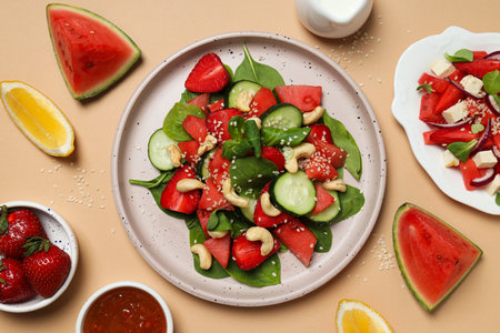 Watermelon salad in a bowl with fresh fruitの写真素材