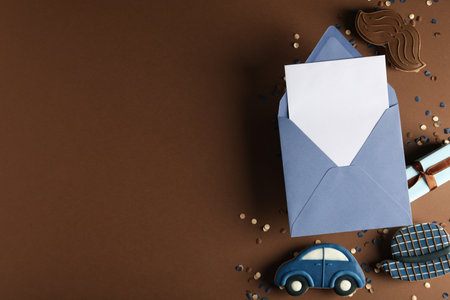 Father's day concept, gifts and greetings, on a brown background.の写真素材