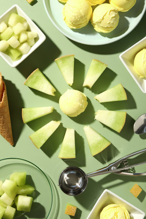 Ice cream scoops with slices of fresh melon on a green backgroundの写真素材