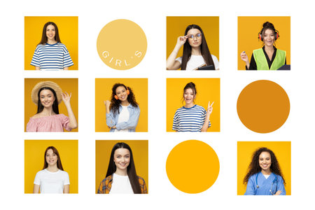 Image with collage of different photos with beautiful girlsの写真素材
