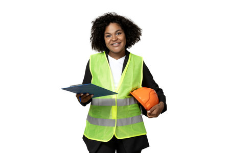 PNG,A young girl in the form of a construction worker with a hard hat, isolated on white background