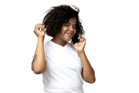 PNG,Young African American woman with smartphone, isolated on white background
