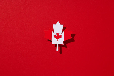 Decorative maple leaf on a red backgroundの写真素材