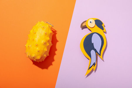 Kiwano fruit and paper bird on orange and purple background, top viewの写真素材