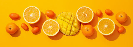 Set of tropical fruits on yellow background, top viewの写真素材