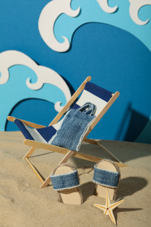 Waves with accessories for summer vacation on the beach.の写真素材