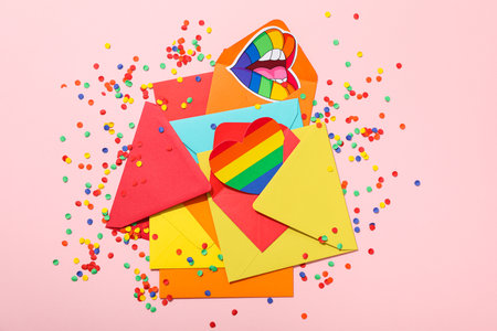 LGBT parade concept, holiday symbols on pink background.の写真素材