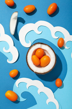 Pieces of coconut, whole kumquats and paper waves on blue background, top viewの写真素材