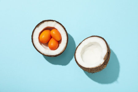 Two half of coconut and whole kumquat on blue background, top viewの写真素材