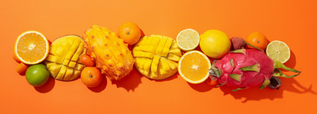Set of tropical fruits on orange background, top viewの写真素材