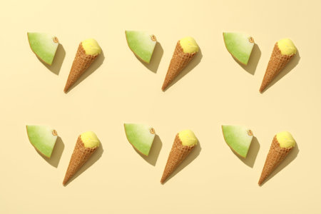 An ice cream cone with a piece of fresh melon