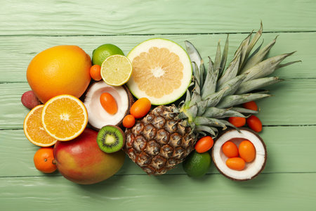 Set of tropical fruits on green wooden background, top view