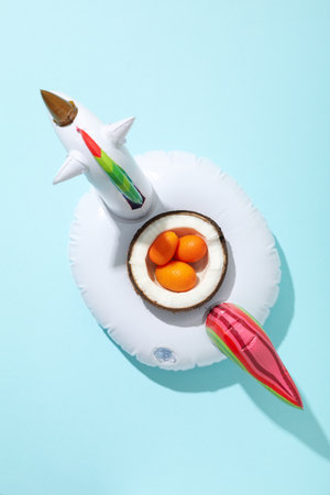 Inflatable ring for swimming and kumquat in half coconut on blue background, top viewの写真素材