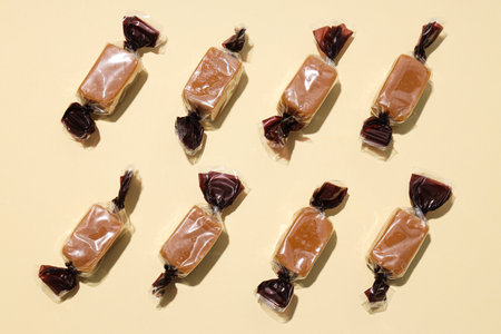 Salted caramel candies on a light backgroundの写真素材