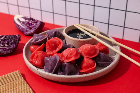 Colored dumplings in bowl, soy sauce and chopsticks on red backgroundの写真素材
