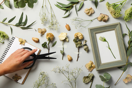 Dried flowers and plants, notepad, photo frame and hand with scissors on light background, top viewの写真素材