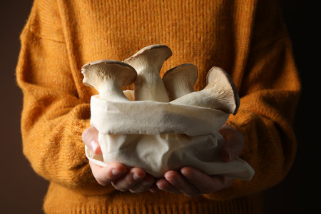 Mushrooms in bag and in female hands on brown backgroundの写真素材