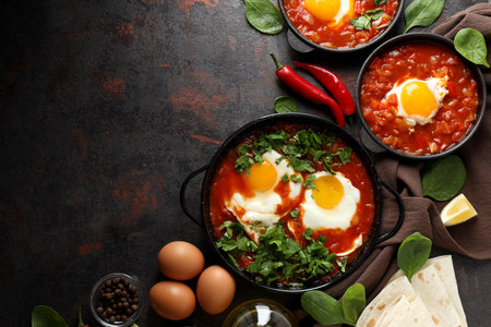 Shakshuka with fresh vegetables on a dark backgroundの写真素材