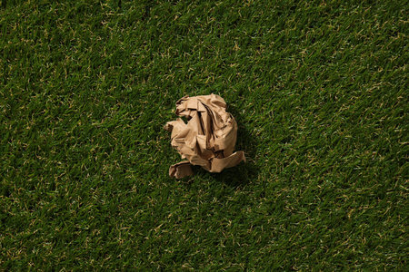 Crumpled kraft paper on grass, top view.の写真素材