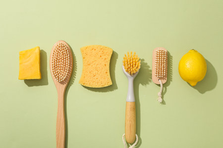 Soap, brushes, sponge and lemon on green background, top viewの写真素材