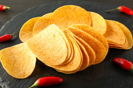Pile of crispy potato chips close up view
