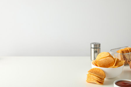 Potato chips in a bowl on a white tableの写真素材