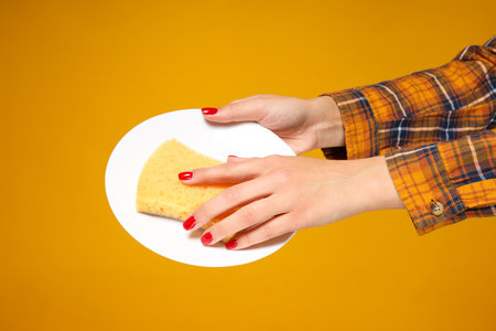 Sponge and plate in female hands on orange backgroundの写真素材
