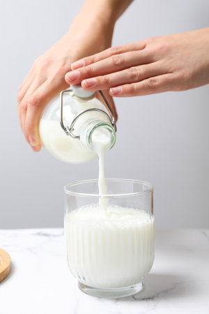 Milk is poured from a bottle into a glassの写真素材