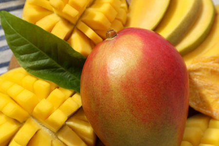 Ripe delicious mango on a white table