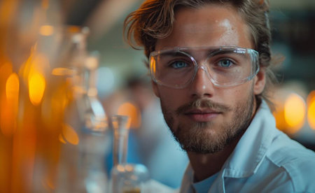A man in protective glasses in a laboratory with test tubes, created with Generative AI technology.の素材