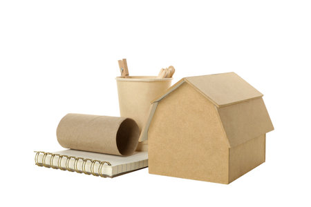PNG, Notepad, paper cup and house, isolated on white backgroundの写真素材