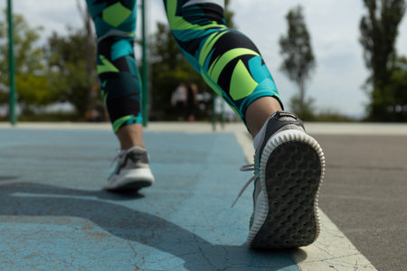Woman with athletic legs in sneakers walks on street, close up