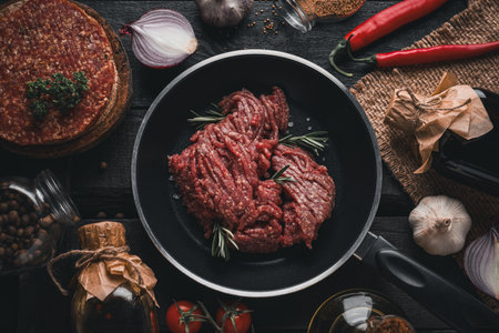 Ground meat, concept of cooking tasty meat foodの写真素材