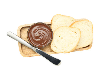 PNG, Chocolate paste with bread on a wooden board, isolated on white backgroundの写真素材
